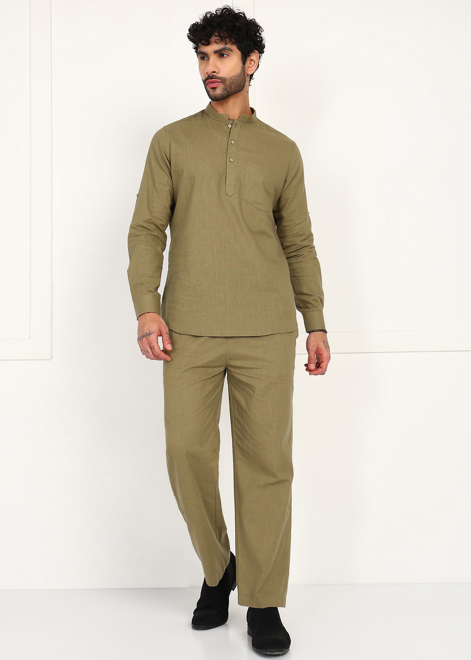 Fabmade Olive Dune Linen Short Kurta Co-Ord Set - Distacart