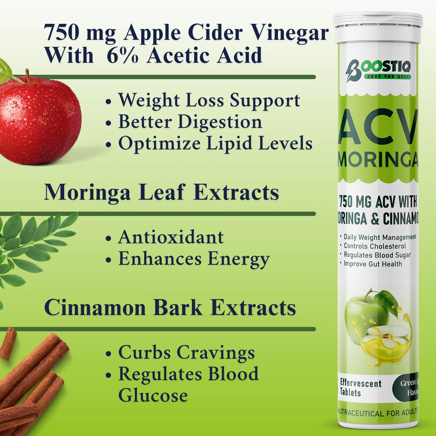 BOOSTIQ Apple Cider Vinegar With Moringa Effervescent Tablets - Green Apple Flavour - Distacart