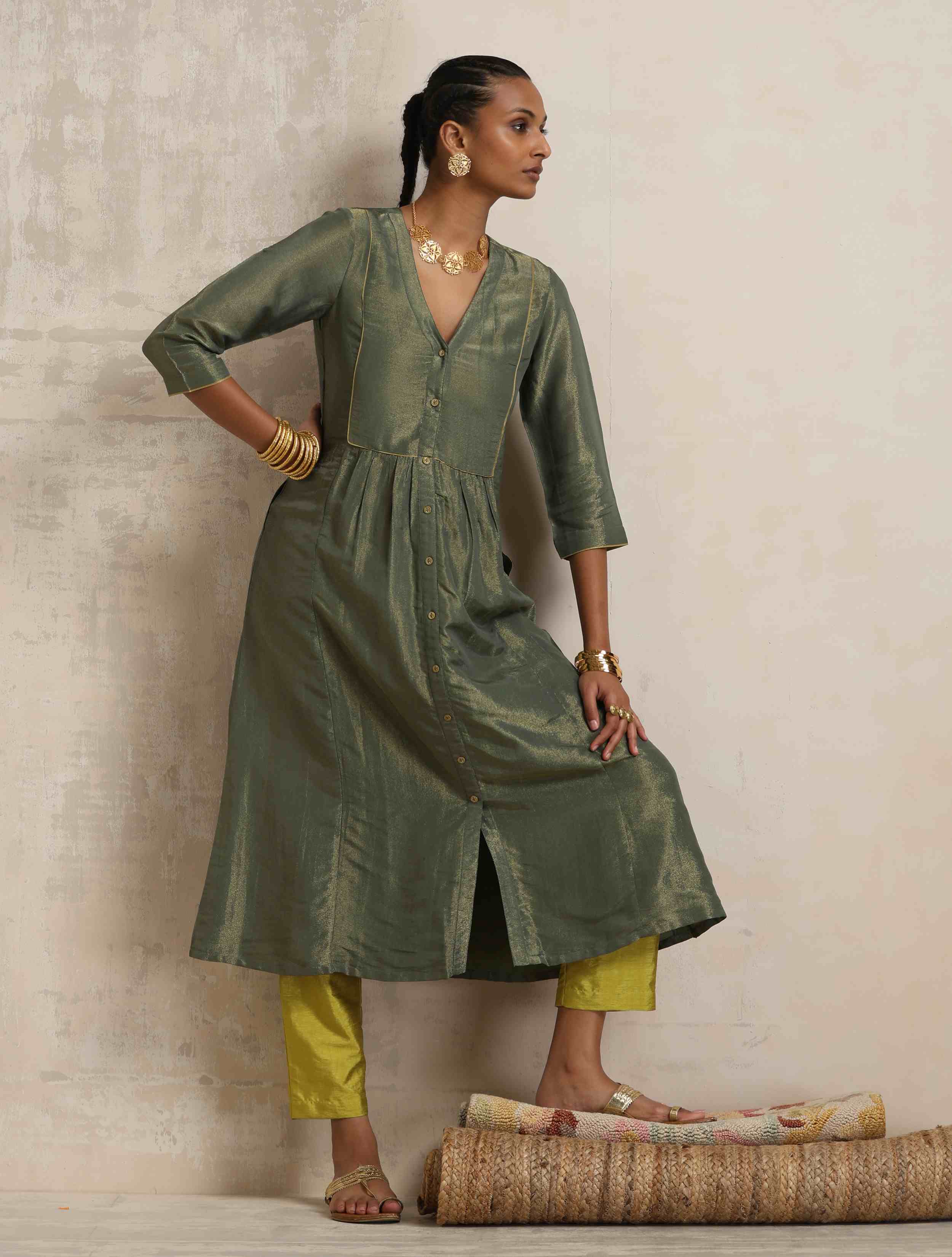 trueBrowns Green Tissue A-line Kurta Set - Distacart