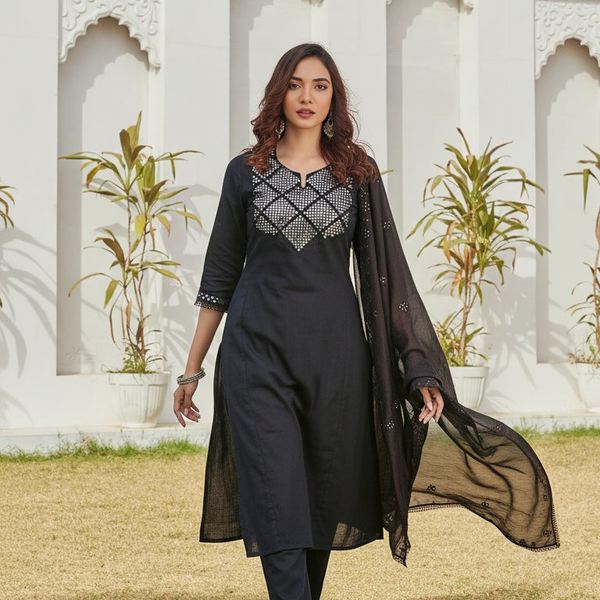 BulBul Maryam Black Cotton Kurta Set with Dupatta