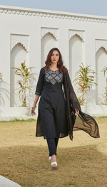 Thumbnail for BulBul Maryam Black Cotton Kurta Set with Dupatta