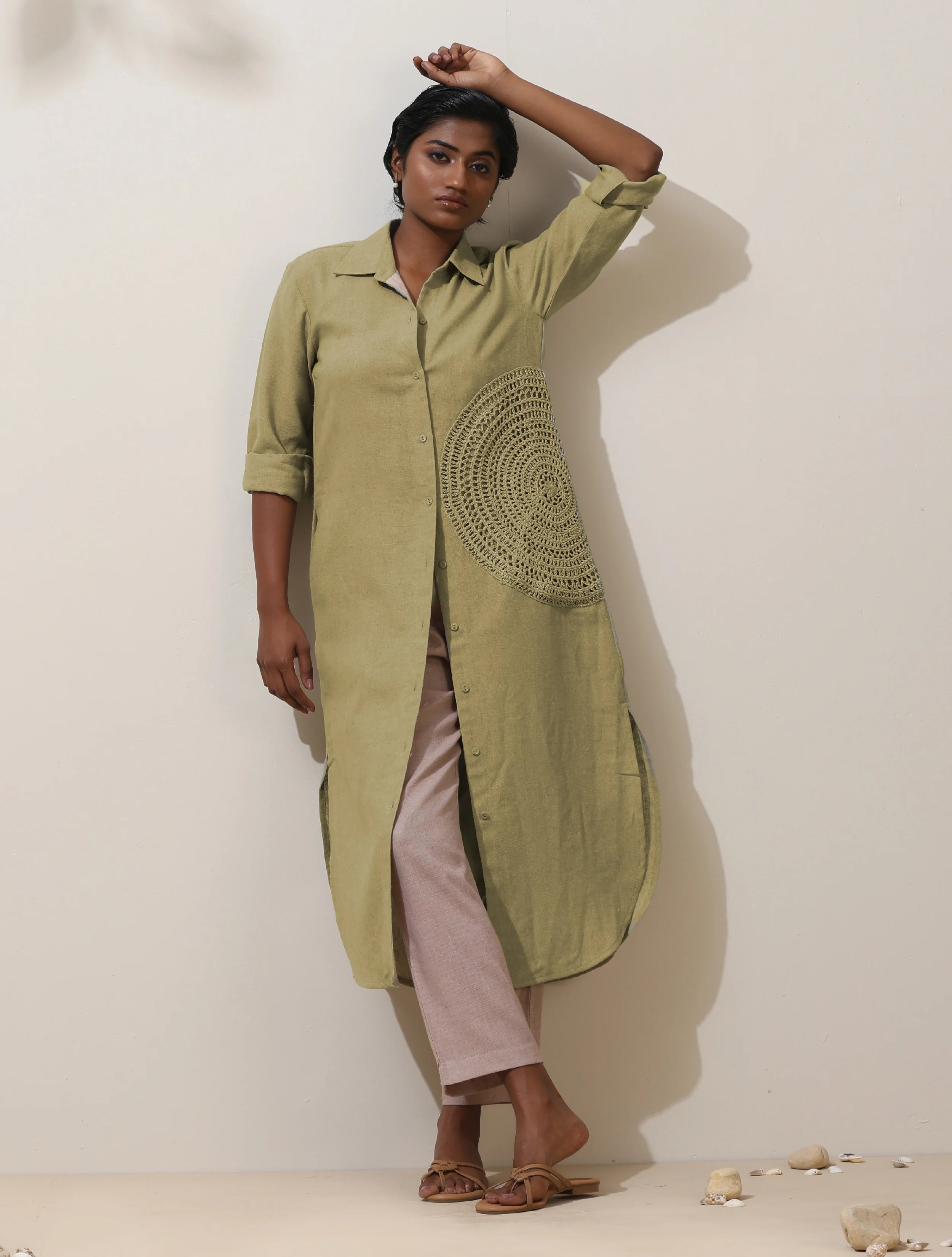 trueBrowns Fern Green Crochet Natural Cotton Kurta Pant Set - Distacart