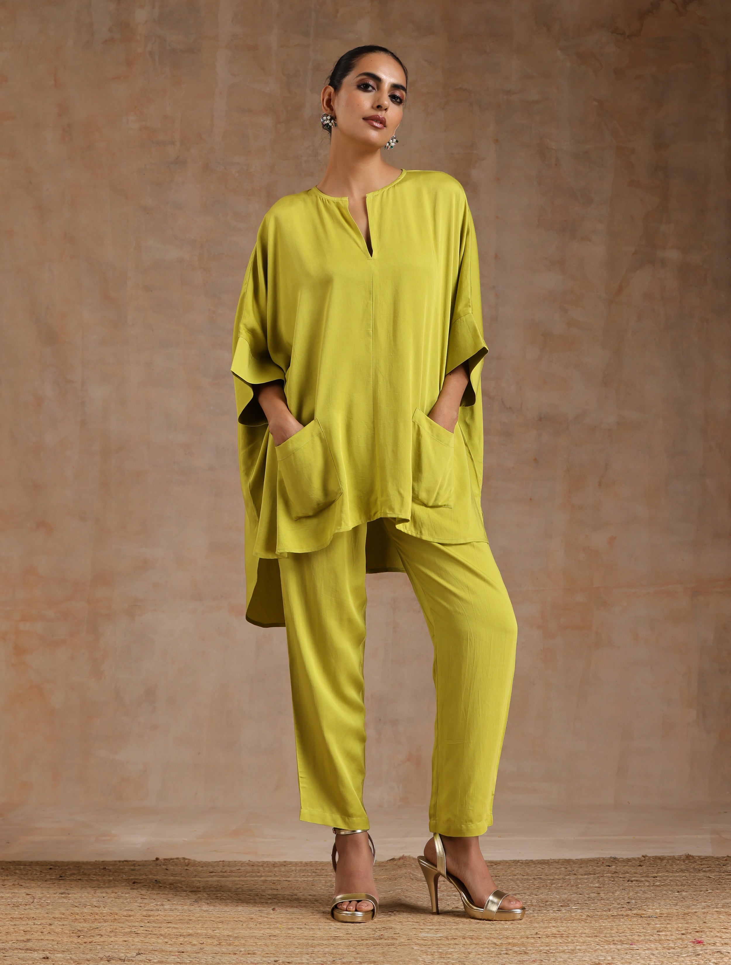 trueBrowns Lime Modal Satin Boxy Fit High-Low Co-Ord Set - Distacart