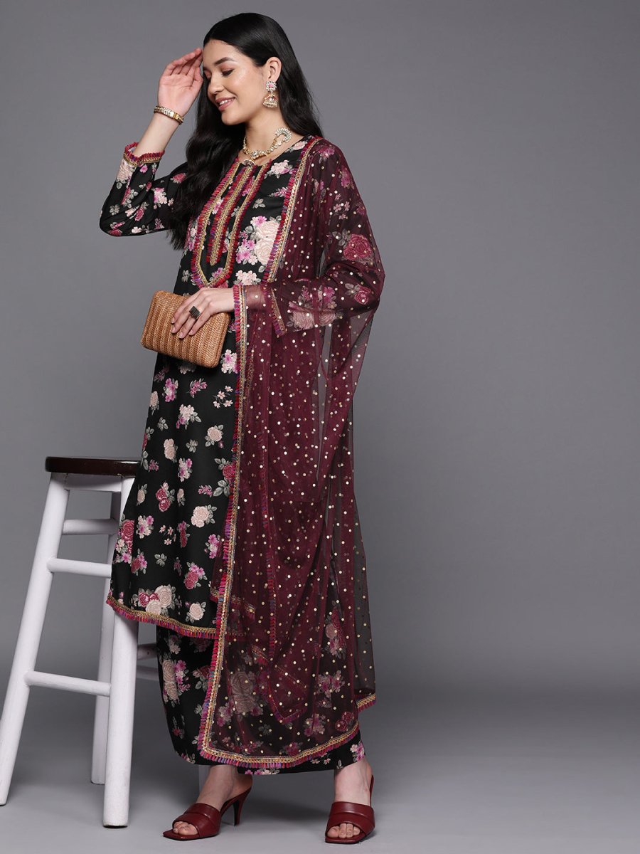 Ahalyaa Women Black Floral Printed Gotta Patti Kurta with Palazzos & With Dupatta - Distacart