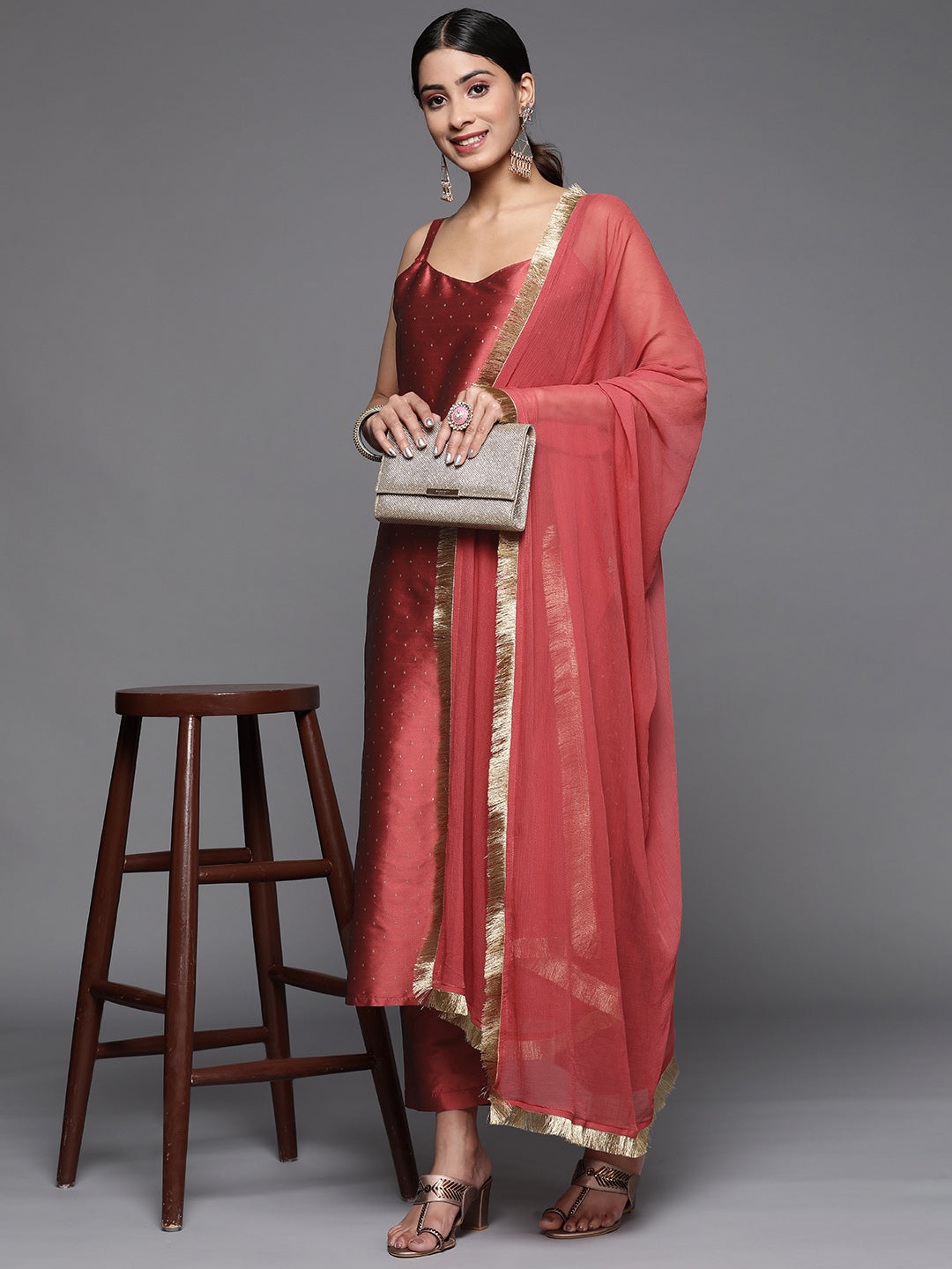 Varanga Women Burgundy Strap Kurta With Tonal Bottom And Tonal Dupatta - Distacart