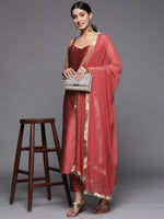 Thumbnail for Varanga Women Burgundy Strap Kurta With Tonal Bottom And Tonal Dupatta - Distacart