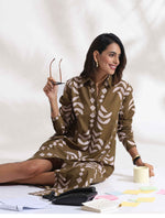 Thumbnail for trueBrowns Olive Green Cotton Print Shirt Dress