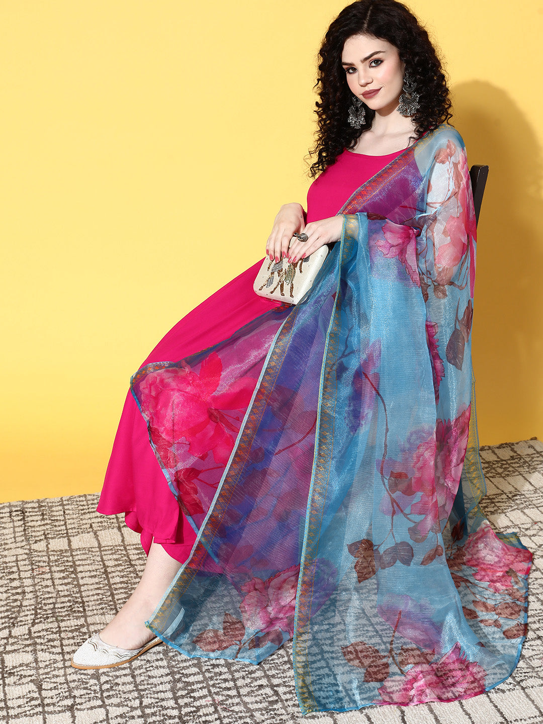 InWeave Strappy Set In Fuchsia With Blue Fuchsia Organza Dupatta - Distacart