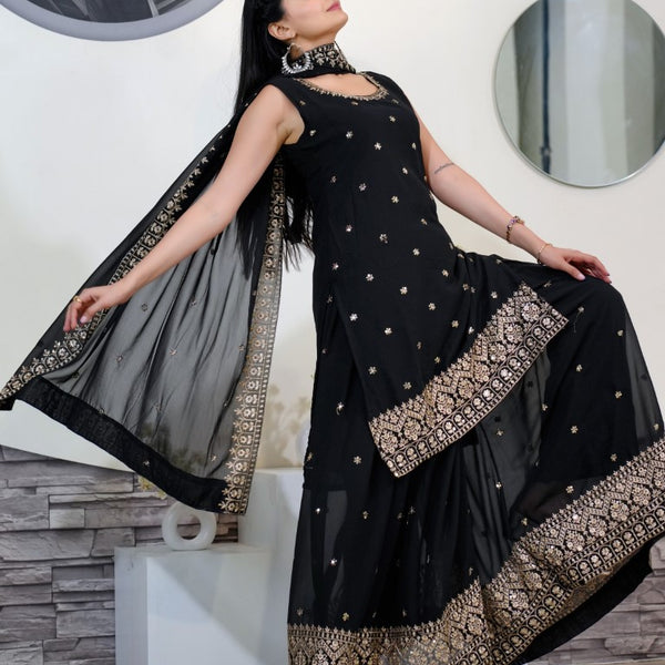 Teeya Creation Black Color Faux Georgette Heavy Embroidery Work Fully Stitched Sharara Suit - Distacart