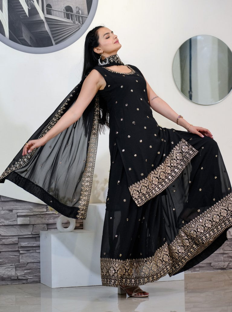 Teeya Creation Black Color Faux Georgette Heavy Embroidery Work Fully Stitched Sharara Suit - Distacart