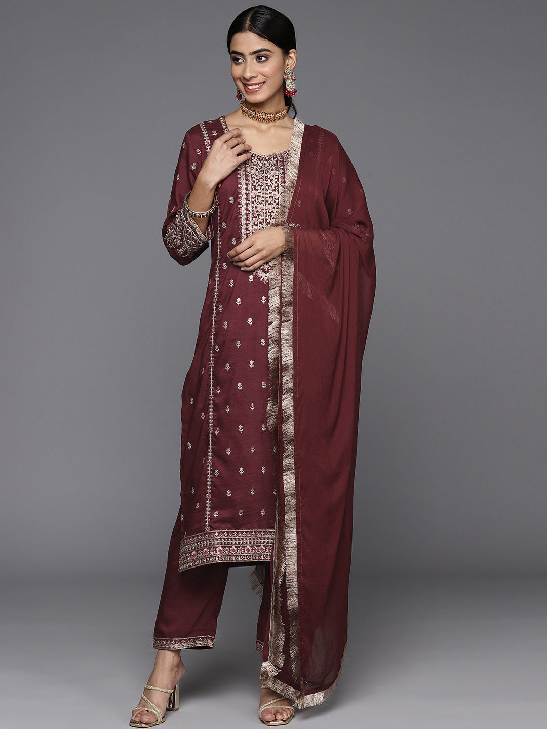 Varanga Women Maroon Embroidered Kurta Paired With Tonal Bottom And Dupatta - Distacart