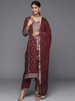 Thumbnail for Varanga Women Maroon Embroidered Kurta Paired With Tonal Bottom And Dupatta - Distacart