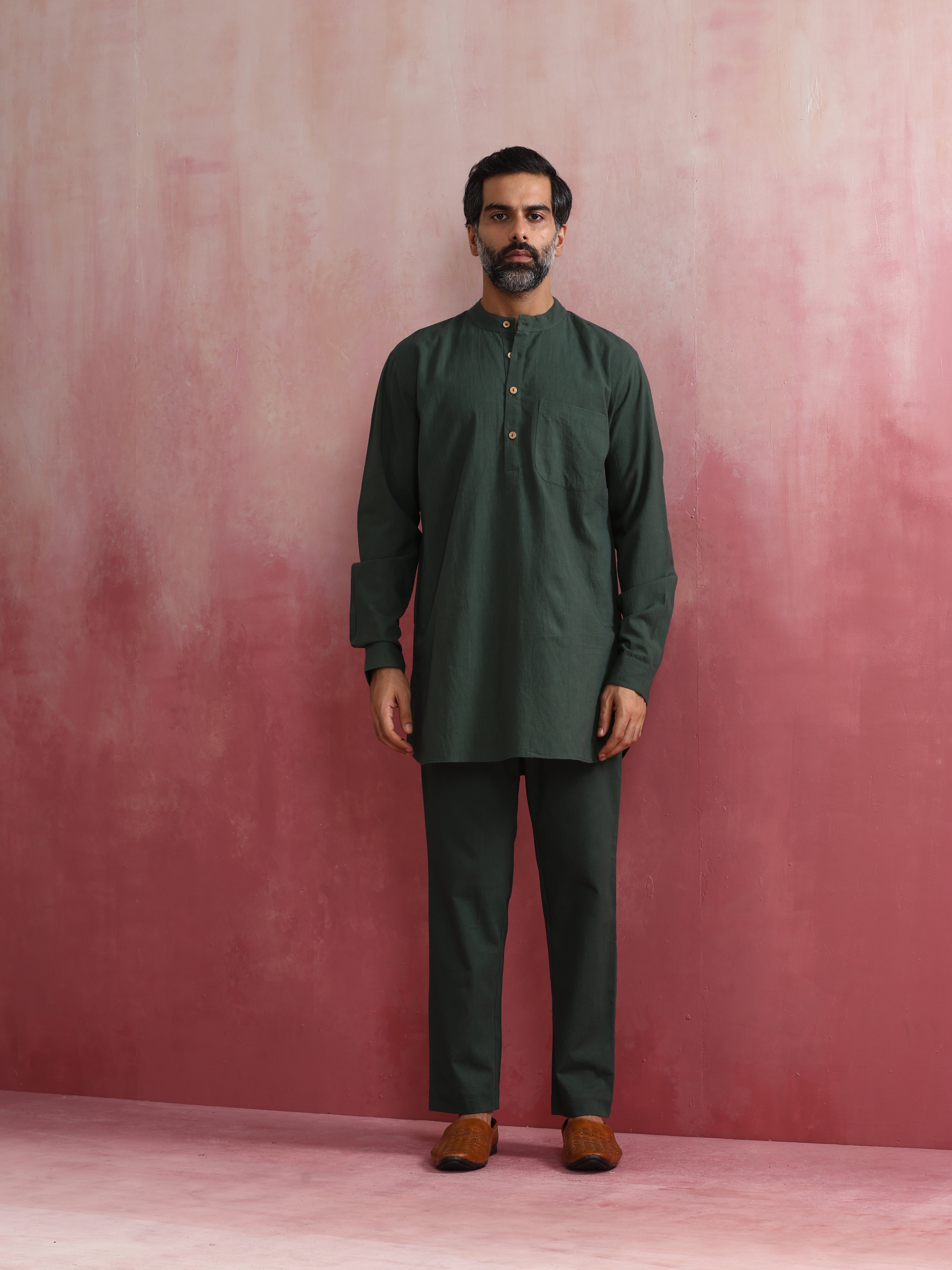 trueBrowns Men's Green Cotton Mandarin Collar Kurta Co-ord set - Distacart