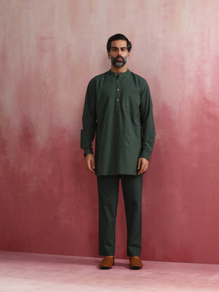 trueBrowns Men's Green Cotton Mandarin Collar Kurta Co-ord set