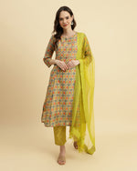 Thumbnail for Varanga Ikat Printed A-Line Mirror Embroidered Kurta Paired With Straight Trouser And Dupatta - Distacart
