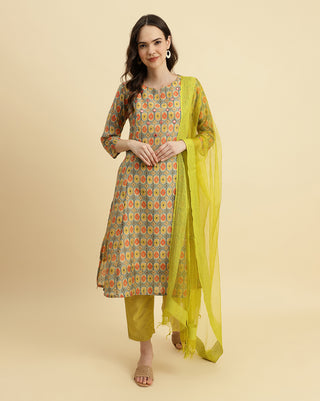 Varanga Ikat Printed A-Line Mirror Embroidered Kurta Paired With Straight Trouser And Dupatta - Distacart