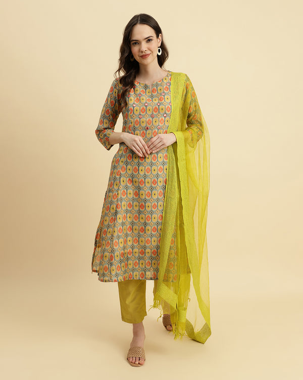 Varanga Ikat Printed A-Line Mirror Embroidered Kurta Paired With Straight Trouser And Dupatta - Distacart