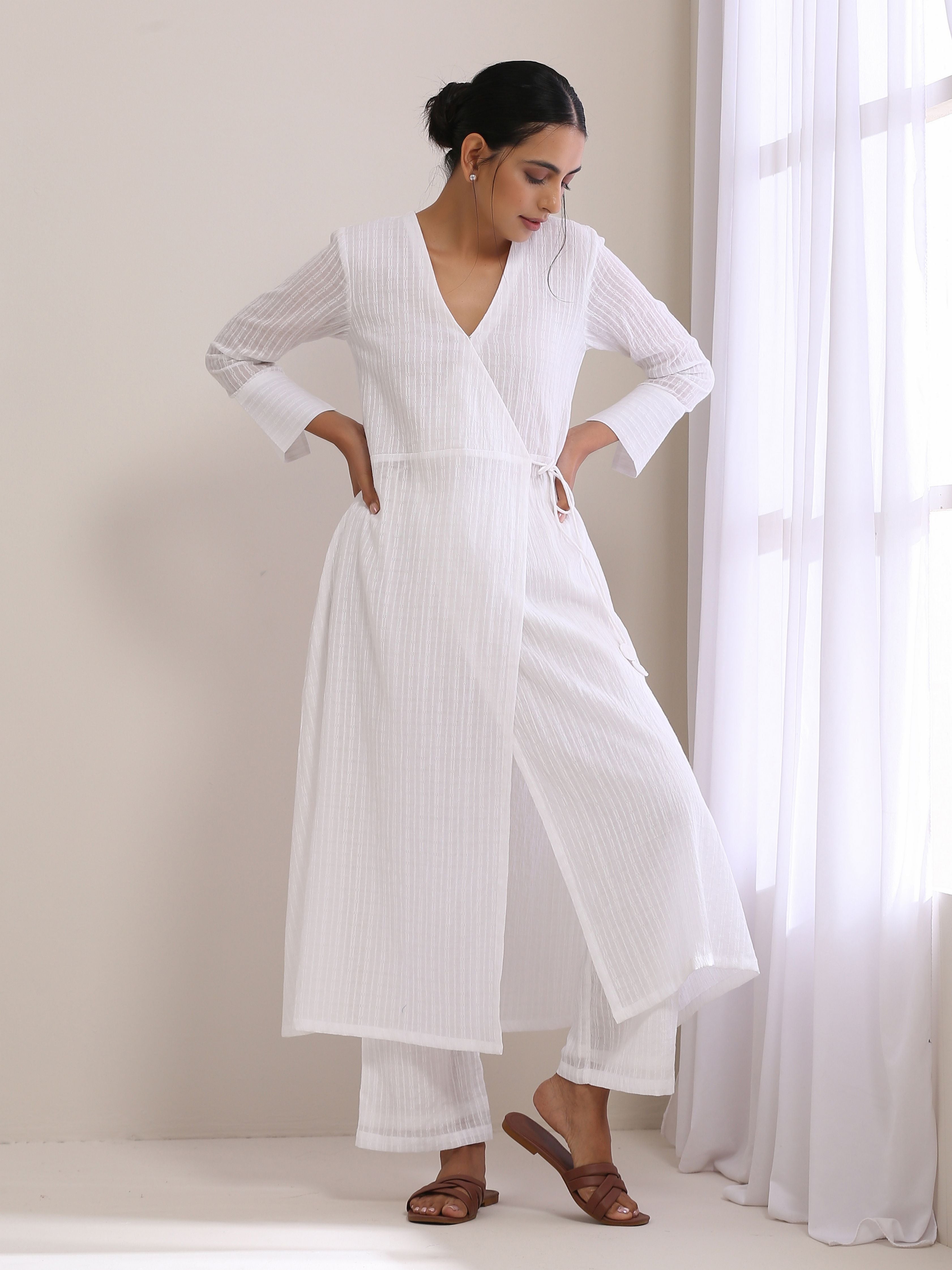 trueBrowns White Dobby Angrakha Kurta Pant Set - Distacart
