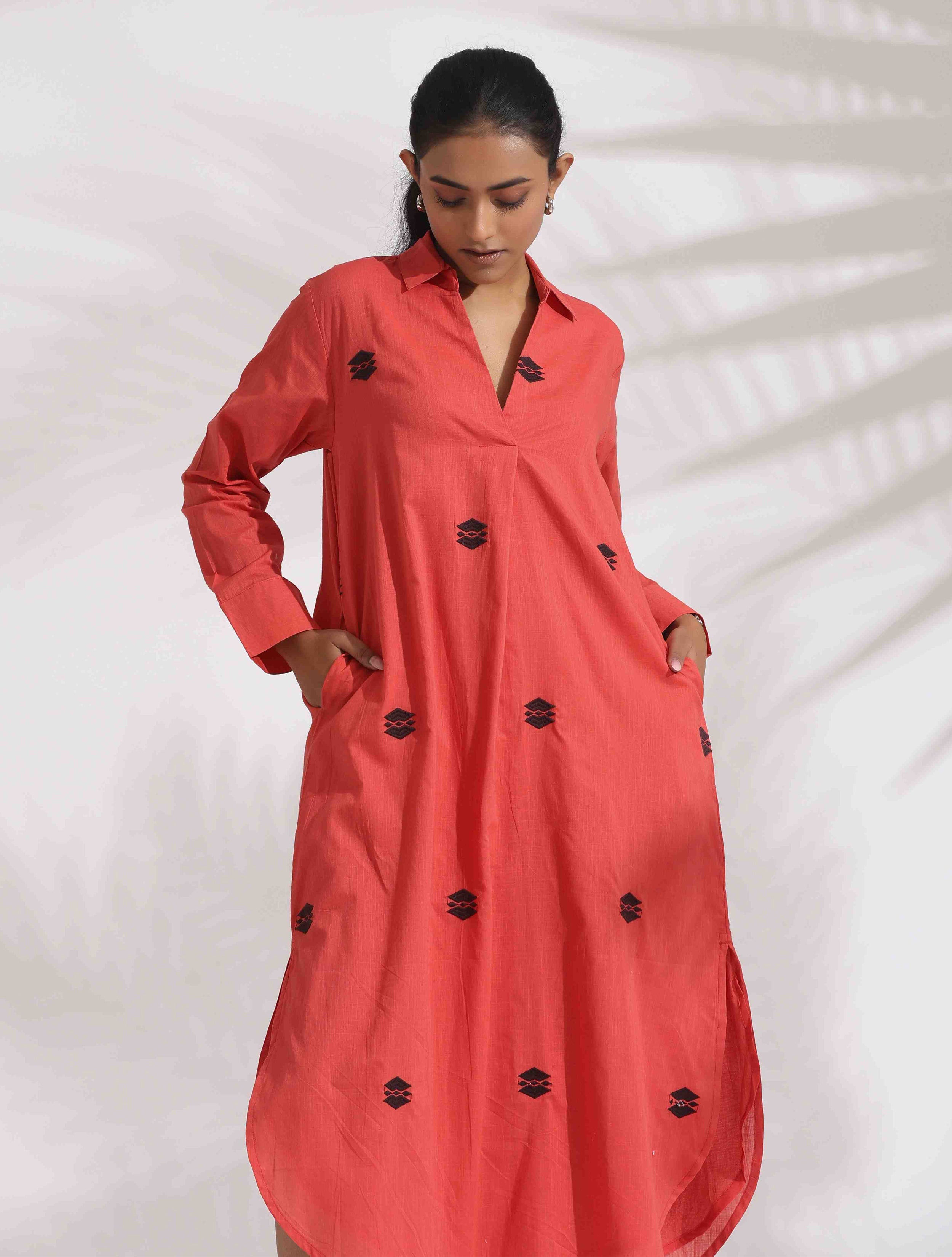 trueBrowns Orange Cotton Embroidered Flared Dress - Distacart