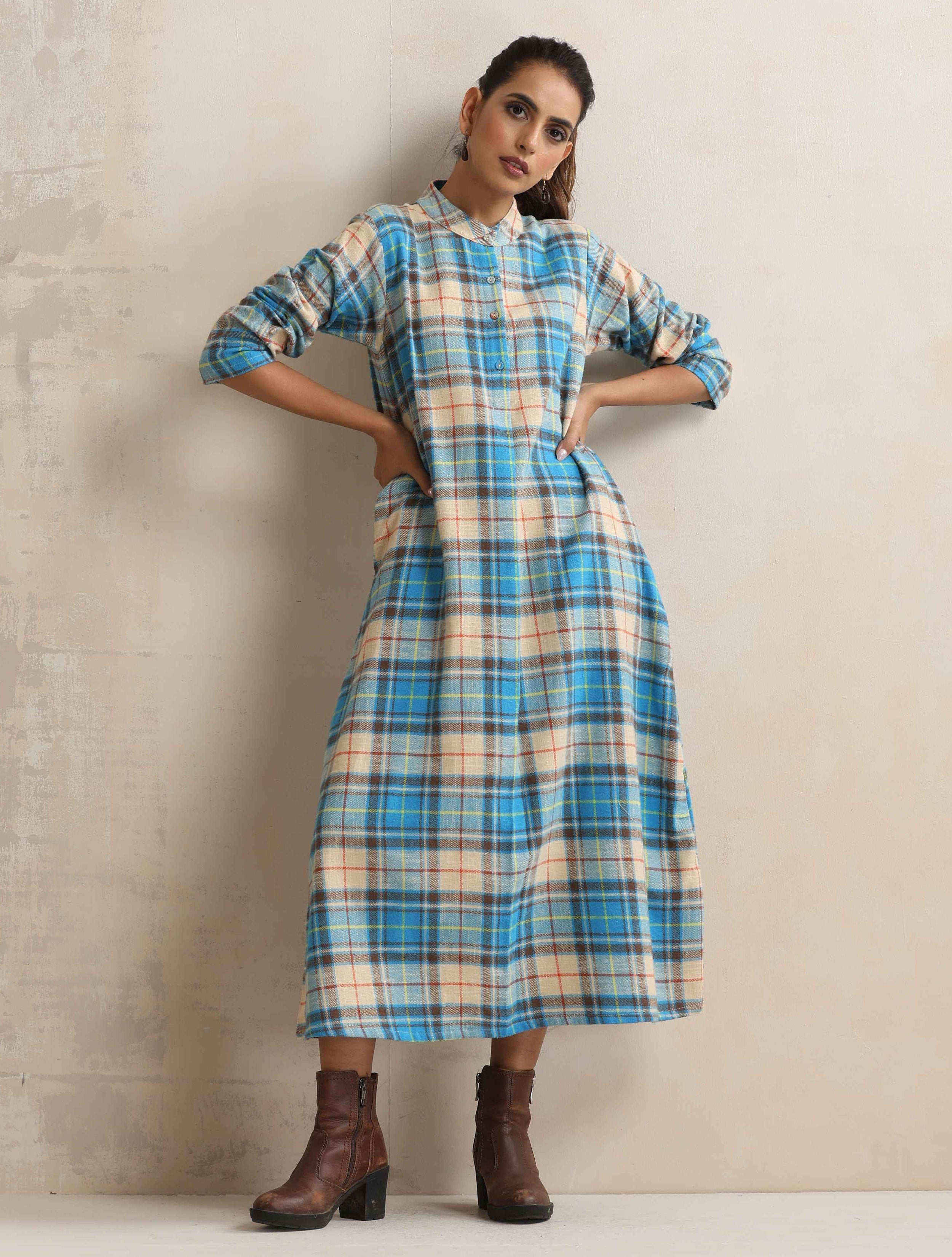 trueBrowns Beige Check Flared Winter Dress - Distacart