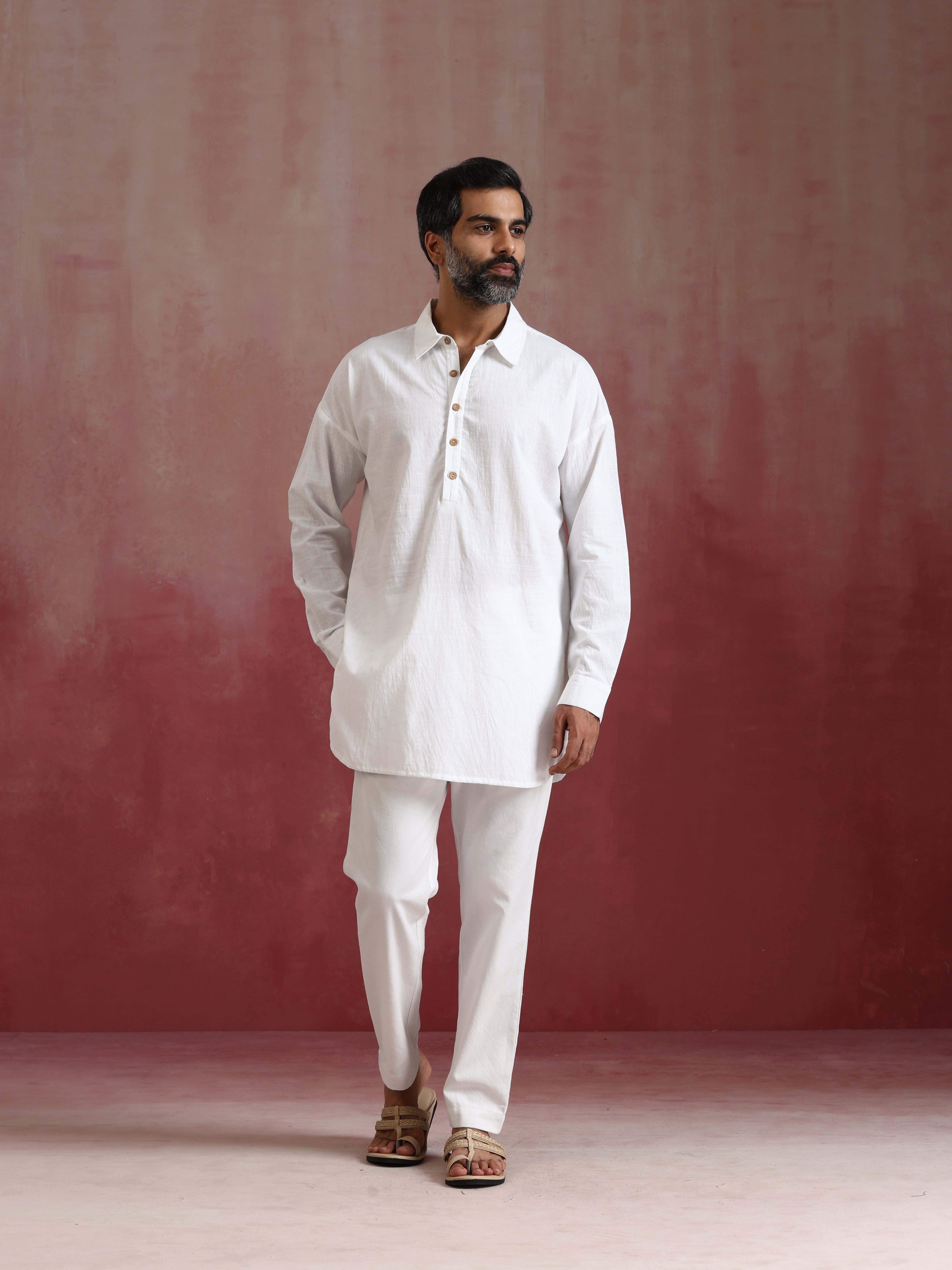 trueBrowns Men's White Cotton Shirt Collar Stylized Kurta Co-ord set - Distacart