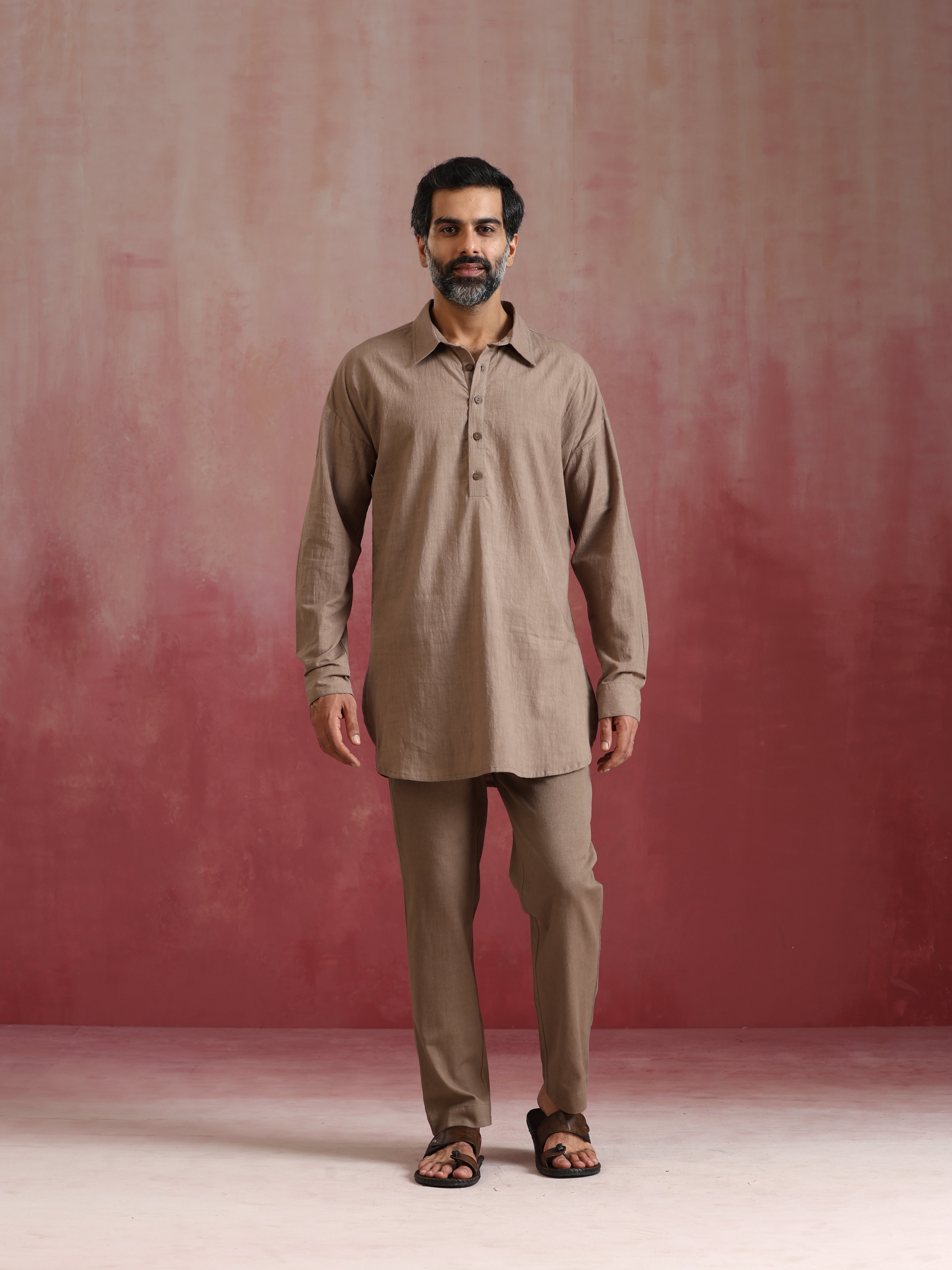 trueBrowns Men's Grey Cotton Shirt Collar Stylized Kurta Co-ord set - Distacart