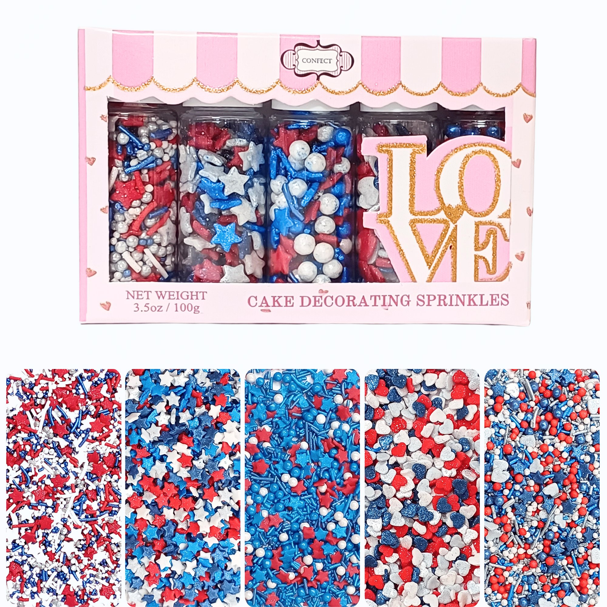 confect patriotic sprinkles heart star sprinkles pearls jimmies ultimate avenger sprinkles pack of 5 j4 07
