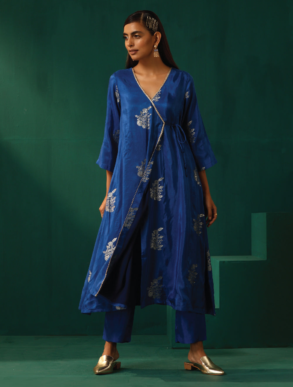 trueBrowns Royal Blue Floral Viscose Silk Angrakha Kurta Pant Set - Distacart