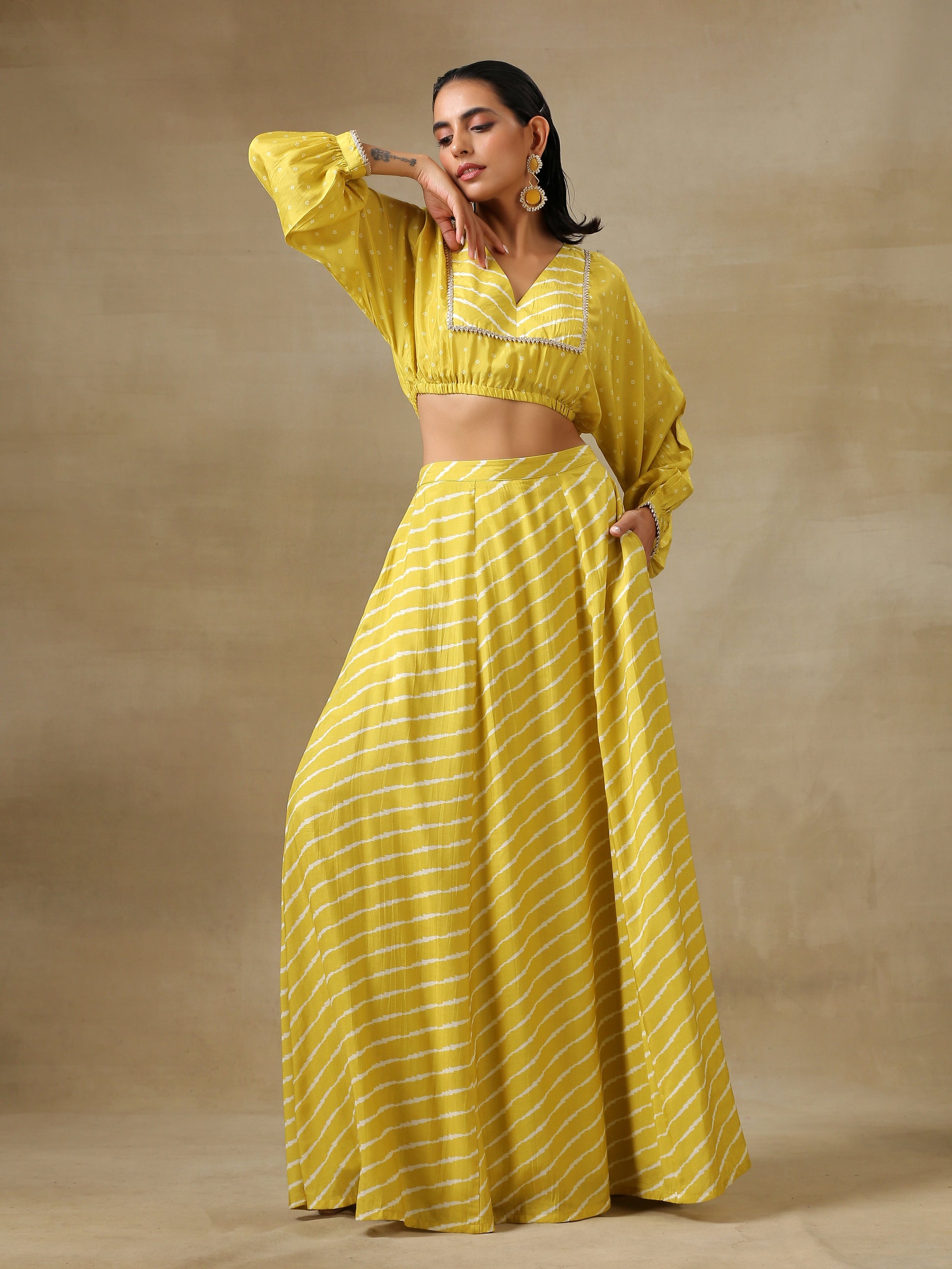trueBrowns Lime Green Bandhani Printed Silk Top Skirt Set - Distacart