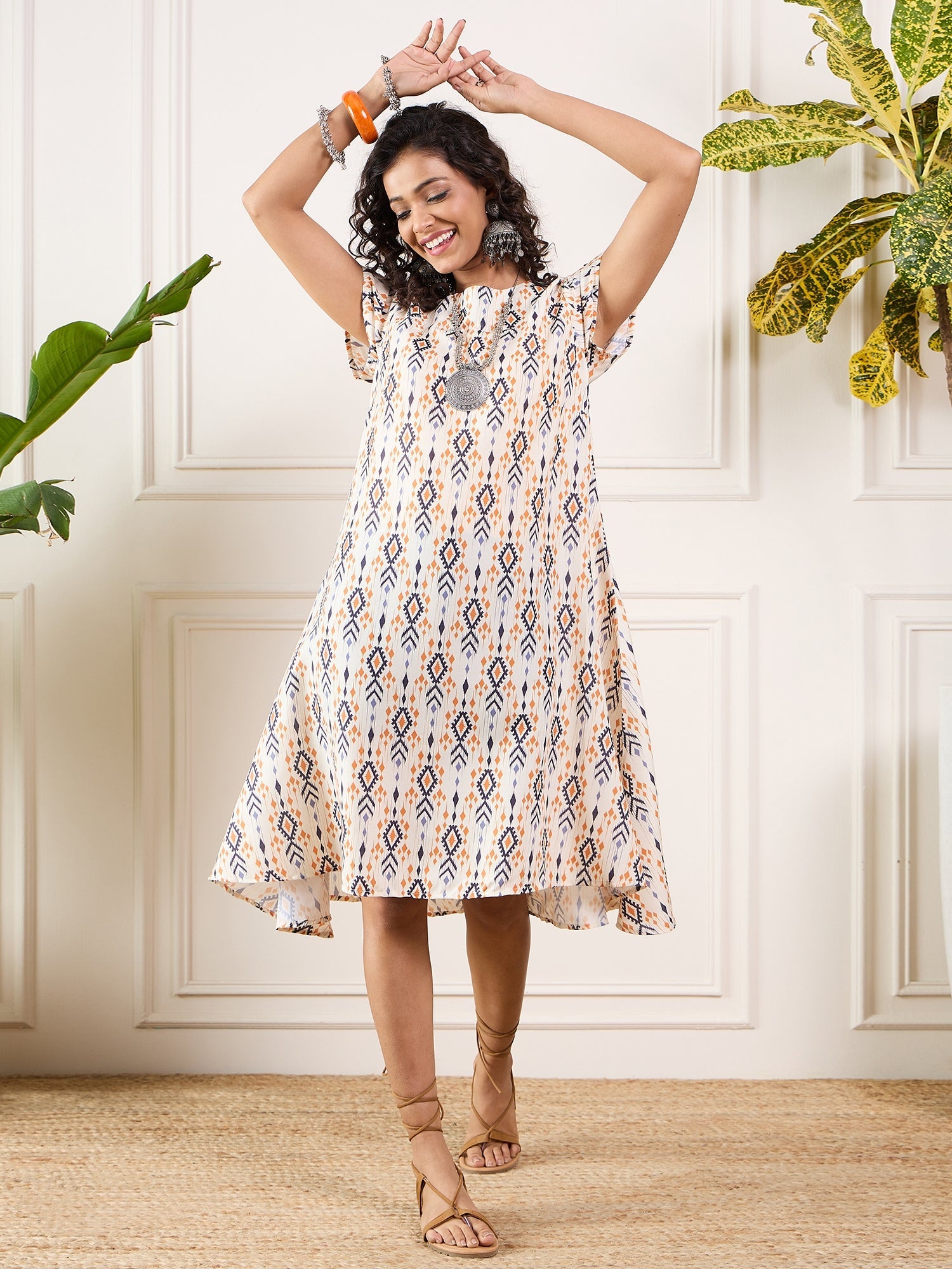 InWeave Off White Orange Black Ikkat Print Round Neck Aline Dress