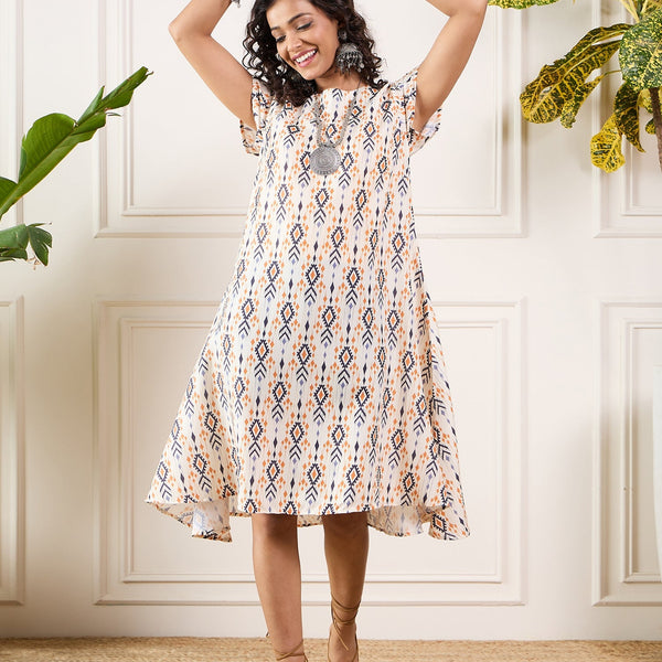 InWeave Off White Orange Black Ikkat Print Round Neck Aline Dress - Distacart