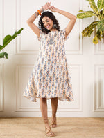Thumbnail for InWeave Off White Orange Black Ikkat Print Round Neck Aline Dress