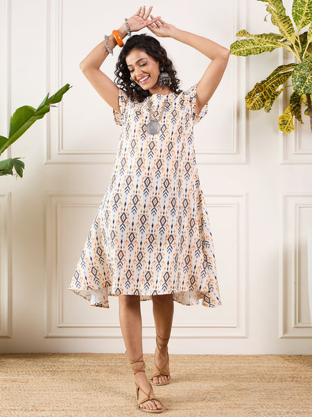 InWeave Off White Orange Black Ikkat Print Round Neck Aline Dress