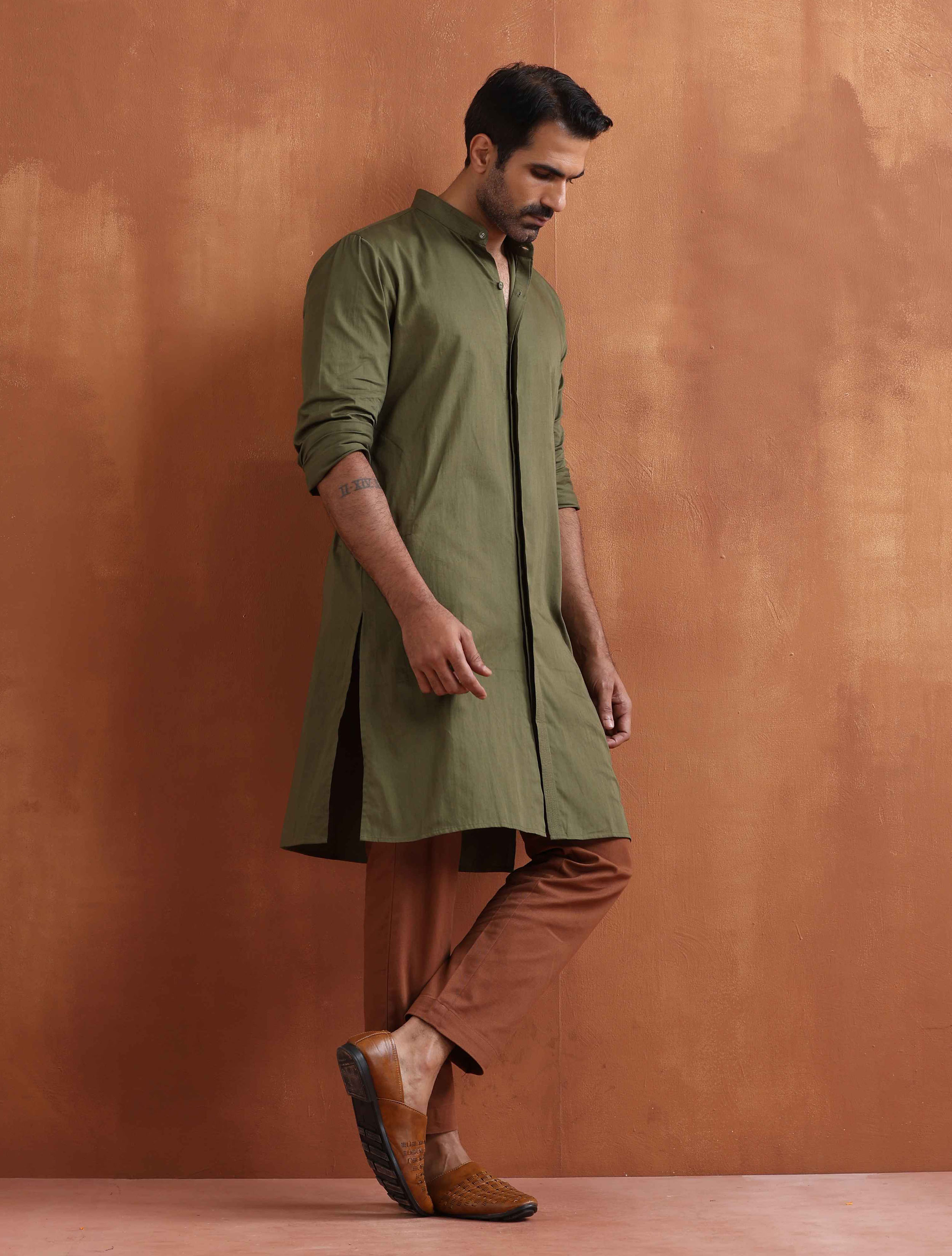 trueBrowns Men's Olive Green Cotton Front Open Kurta - Distacart
