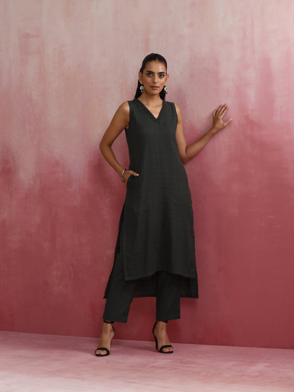 trueBrowns Dark Olive Green Cotton Dobby Kurta Set - Distacart