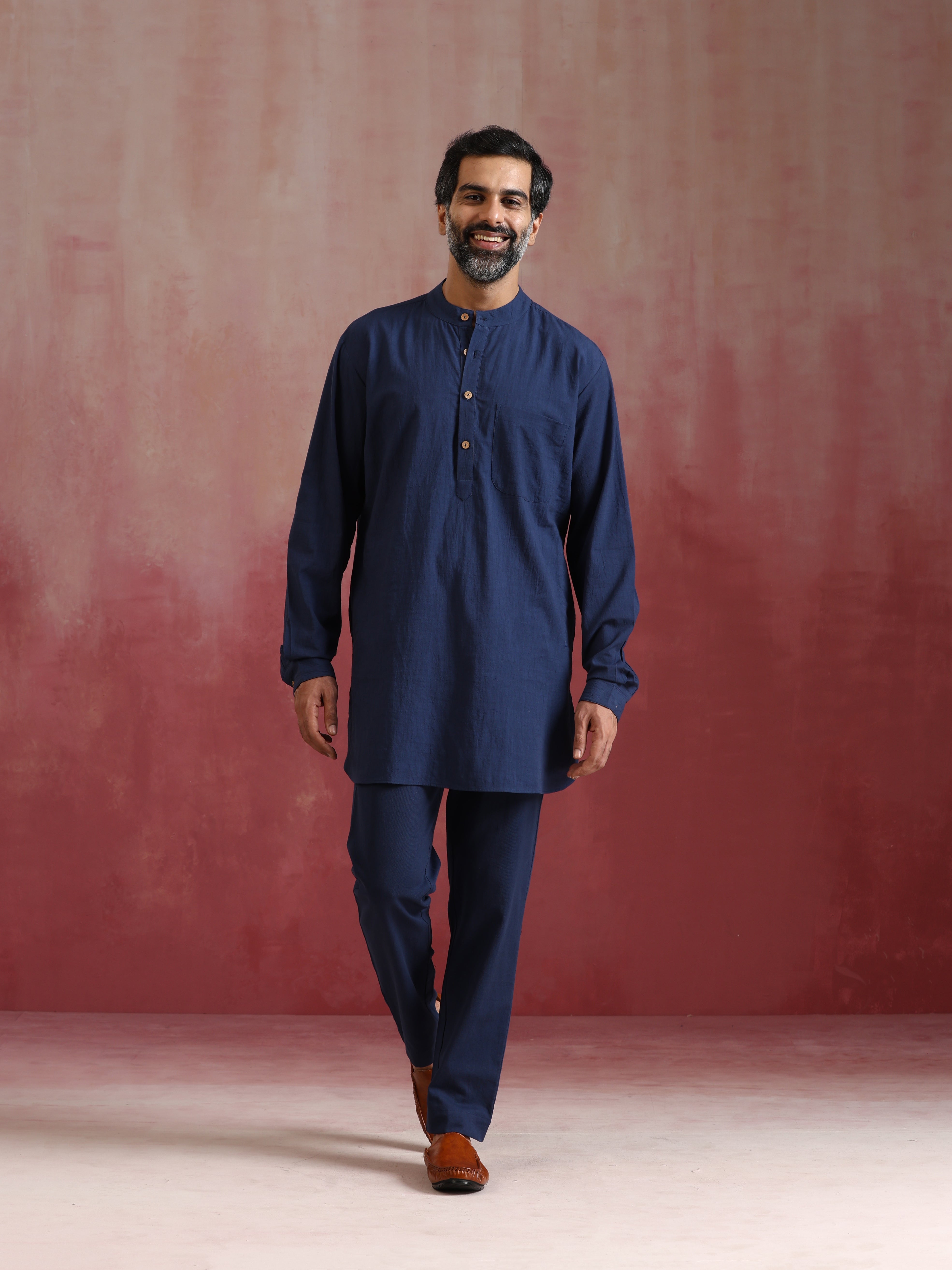 trueBrowns Men's Navy Cotton Mandarin Collar Kurta Co-ord set - Distacart