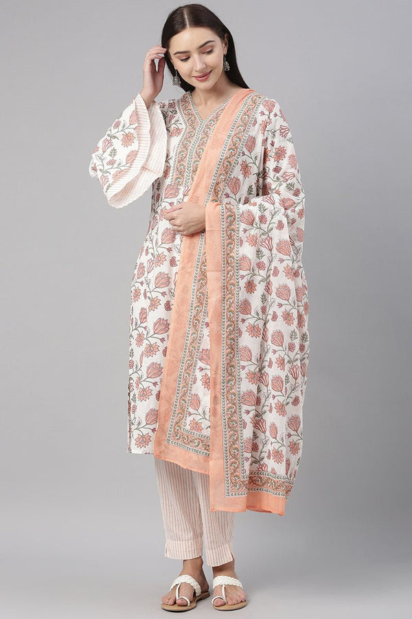 Ahika White Cotton Floral Printed Straight Suit Set vkskd1123