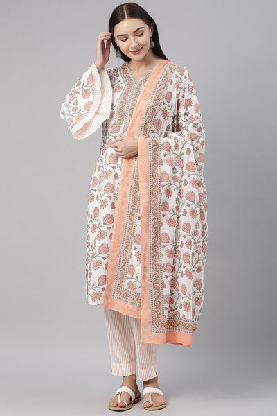 Ahika White Cotton Floral Printed Straight Suit Set vkskd1123