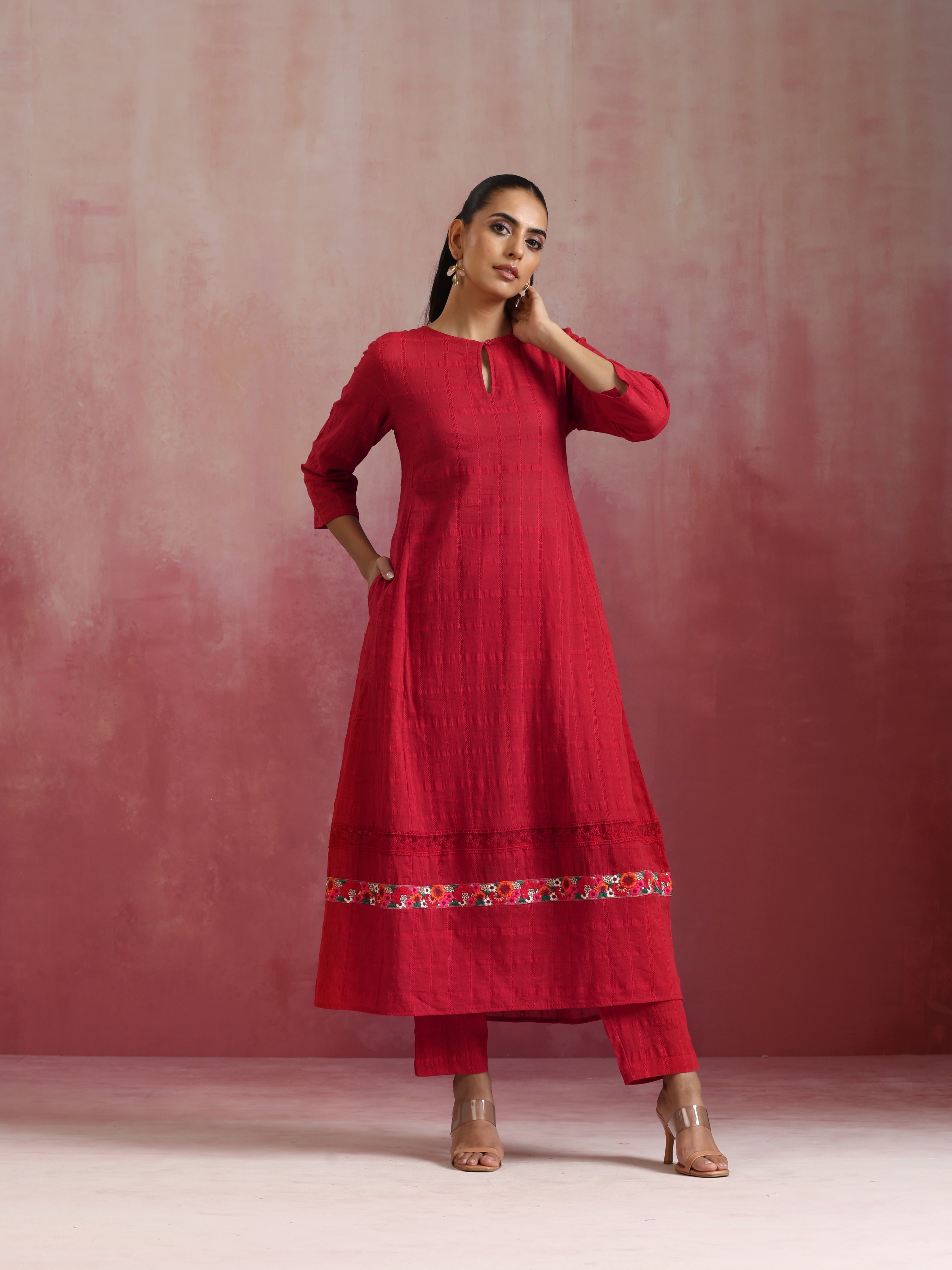 trueBrowns Red Cotton Dobby Flared Kurta Set - Distacart