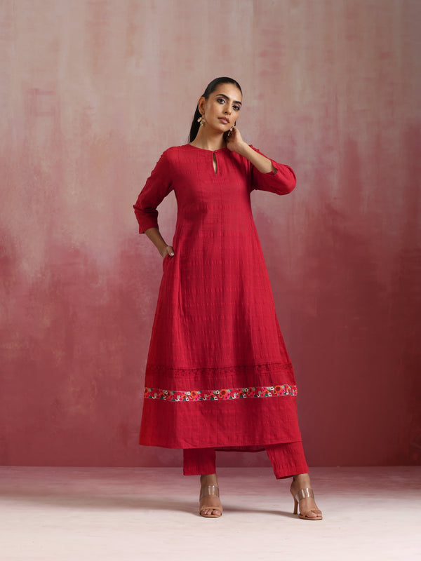 trueBrowns Red Cotton Dobby Flared Kurta Set - Distacart