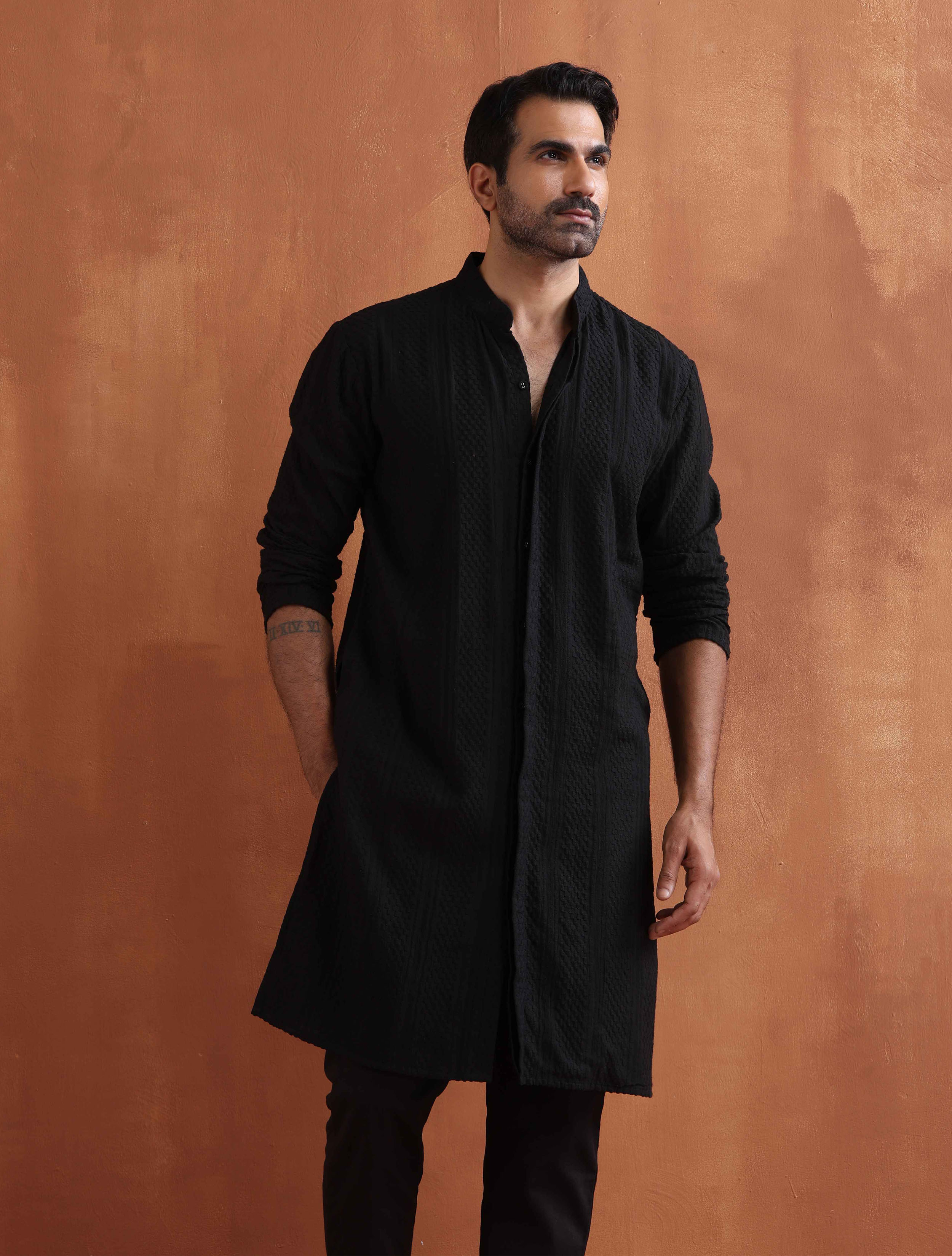 trueBrowns Men's Black Textured Cotton Dobby Front Open Kurta - Distacart