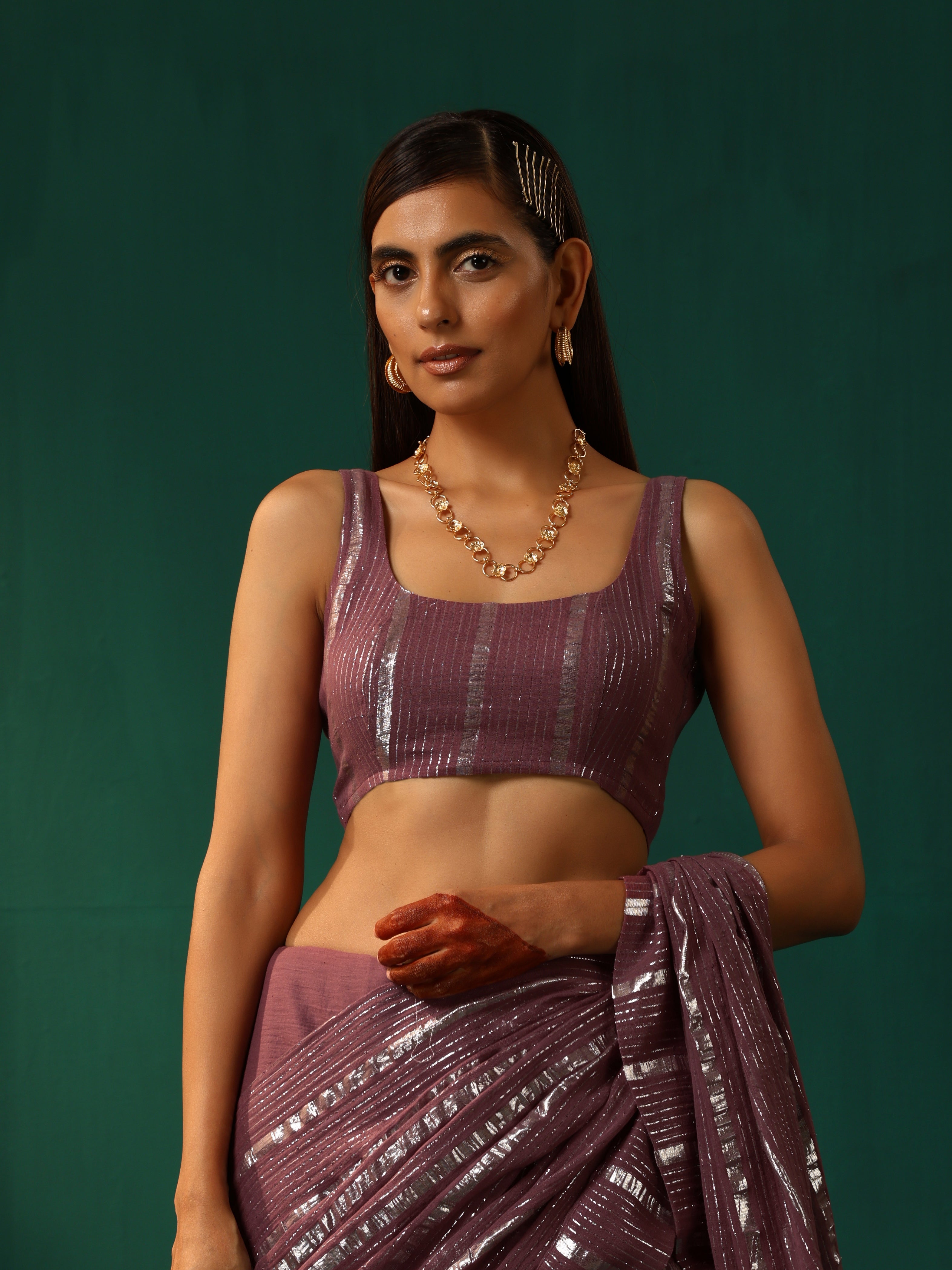 trueBrowns Mauve Cotton Silver Lurex Scoop Neck Sleeveless Blouse - Distacart