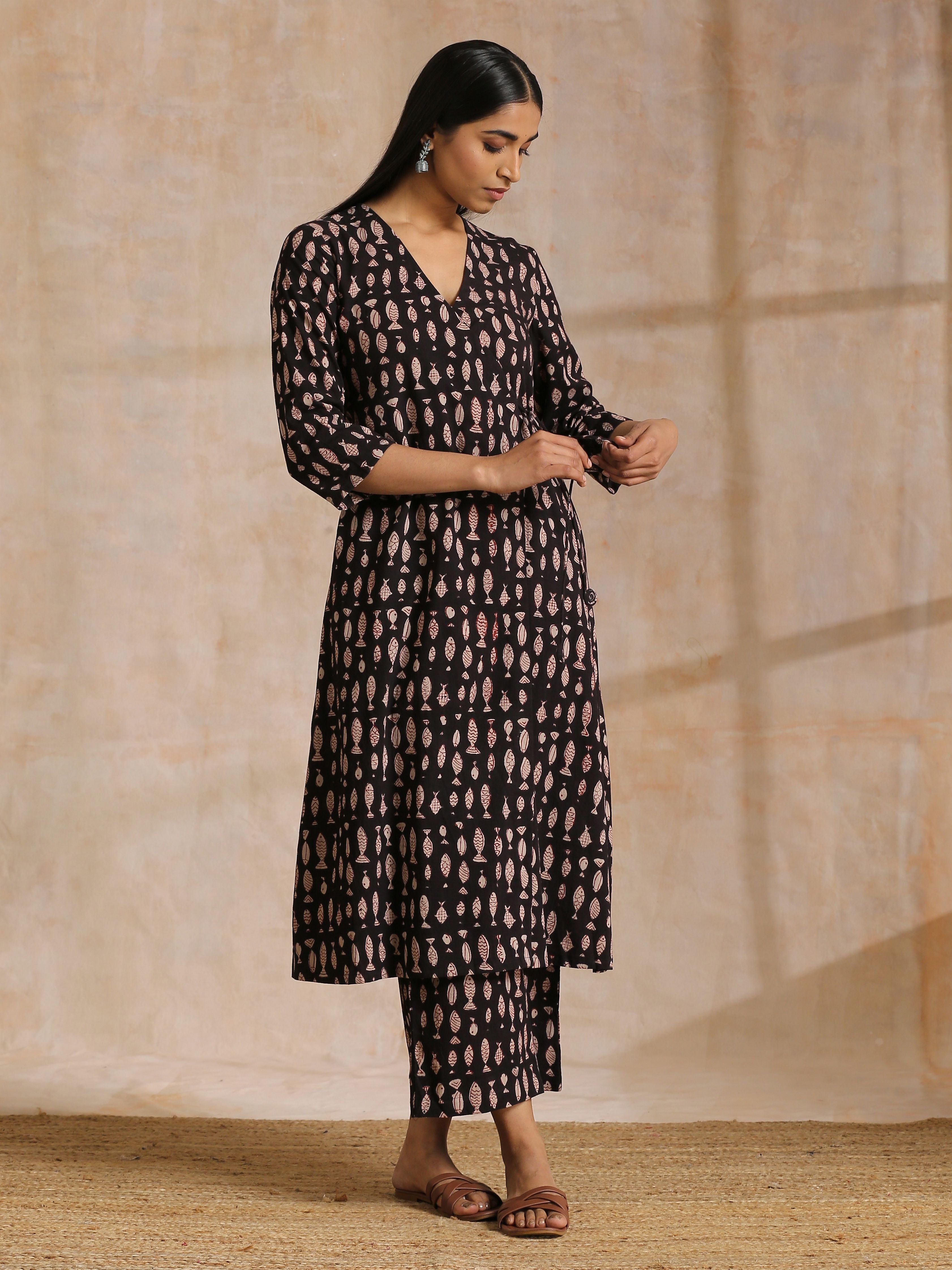 trueBrowns Black Fish Bagru Print Cotton Angrakha Pant Set - Distacart