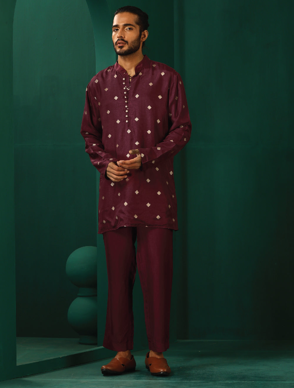trueBrowns Men's Wine Diamond Viscose Silk Co-ord Set - Distacart