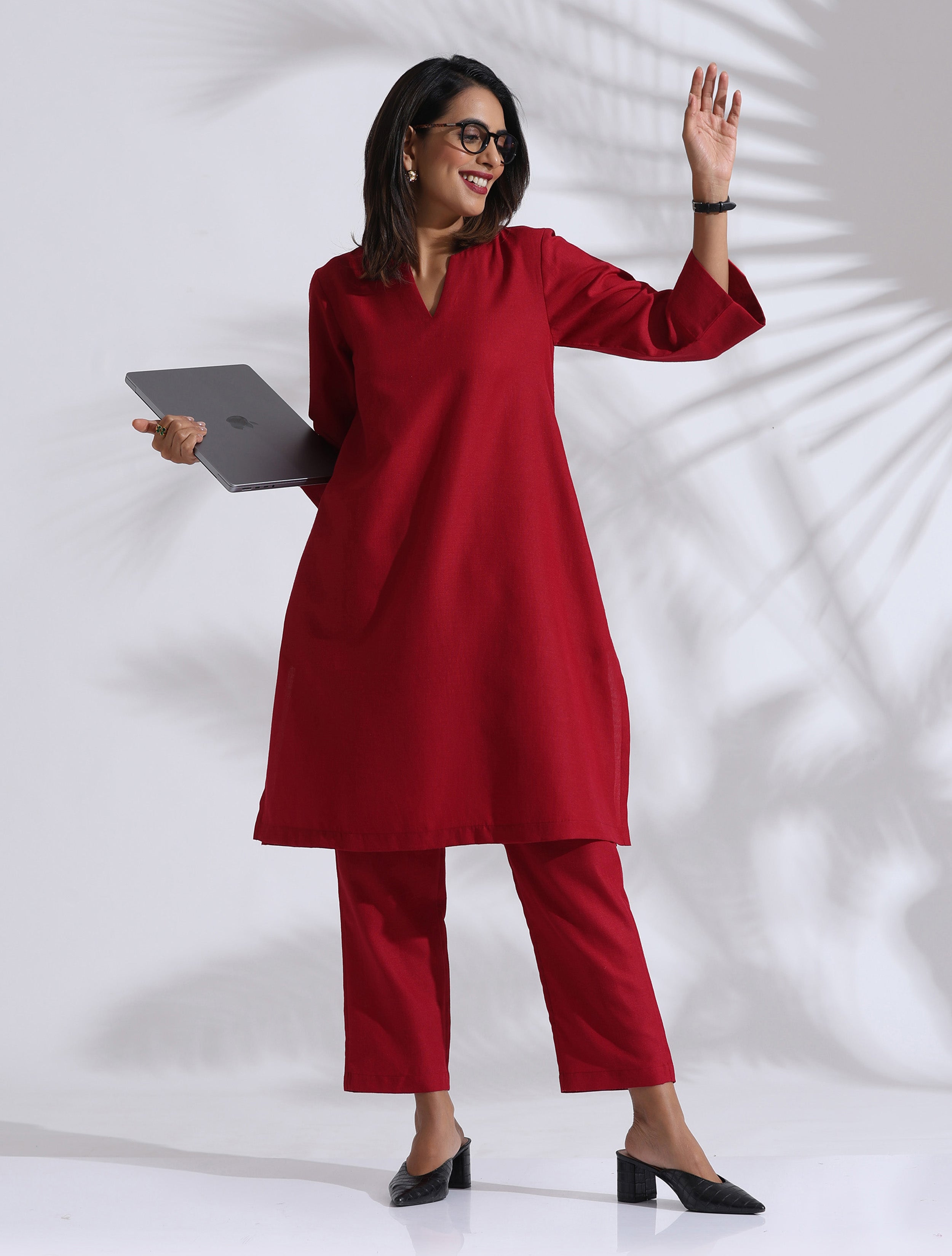 trueBrowns Maroon Slub Kurta Co-ord Set - Distacart