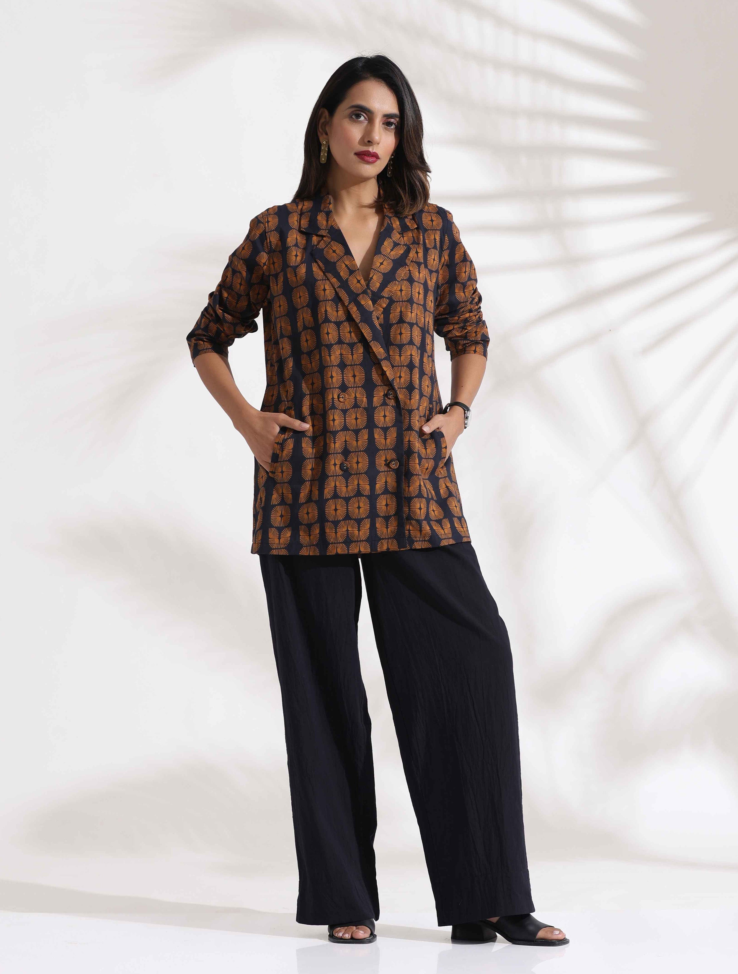 trueBrowns Black Cotton Print Jacket Top Co-ord Set - Distacart