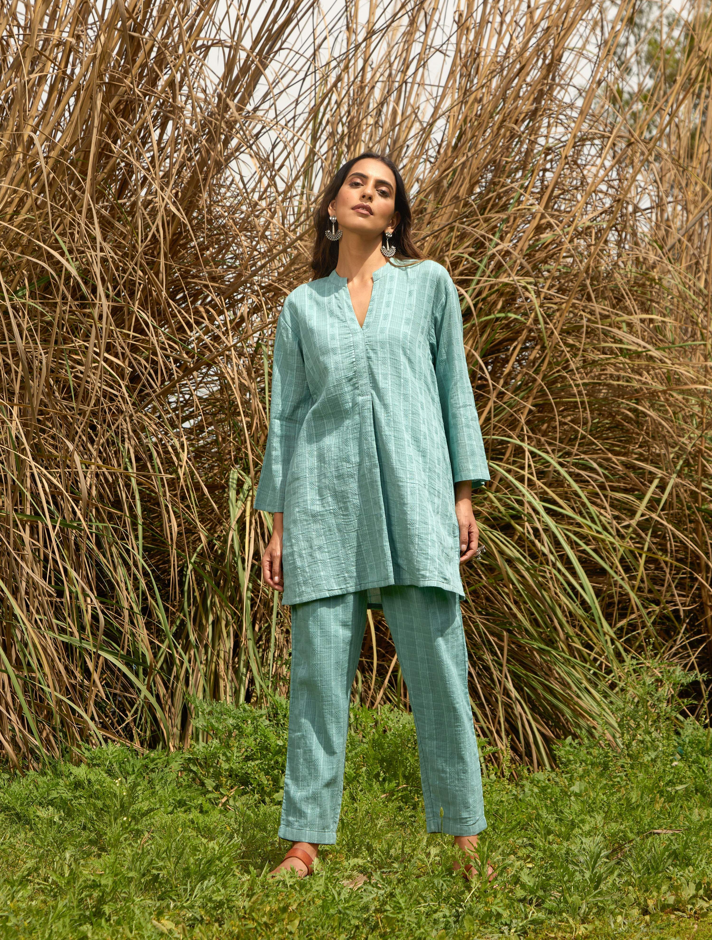 trueBrowns Light Blue Cotton Dobby Relaxed Co-ord Set - Distacart