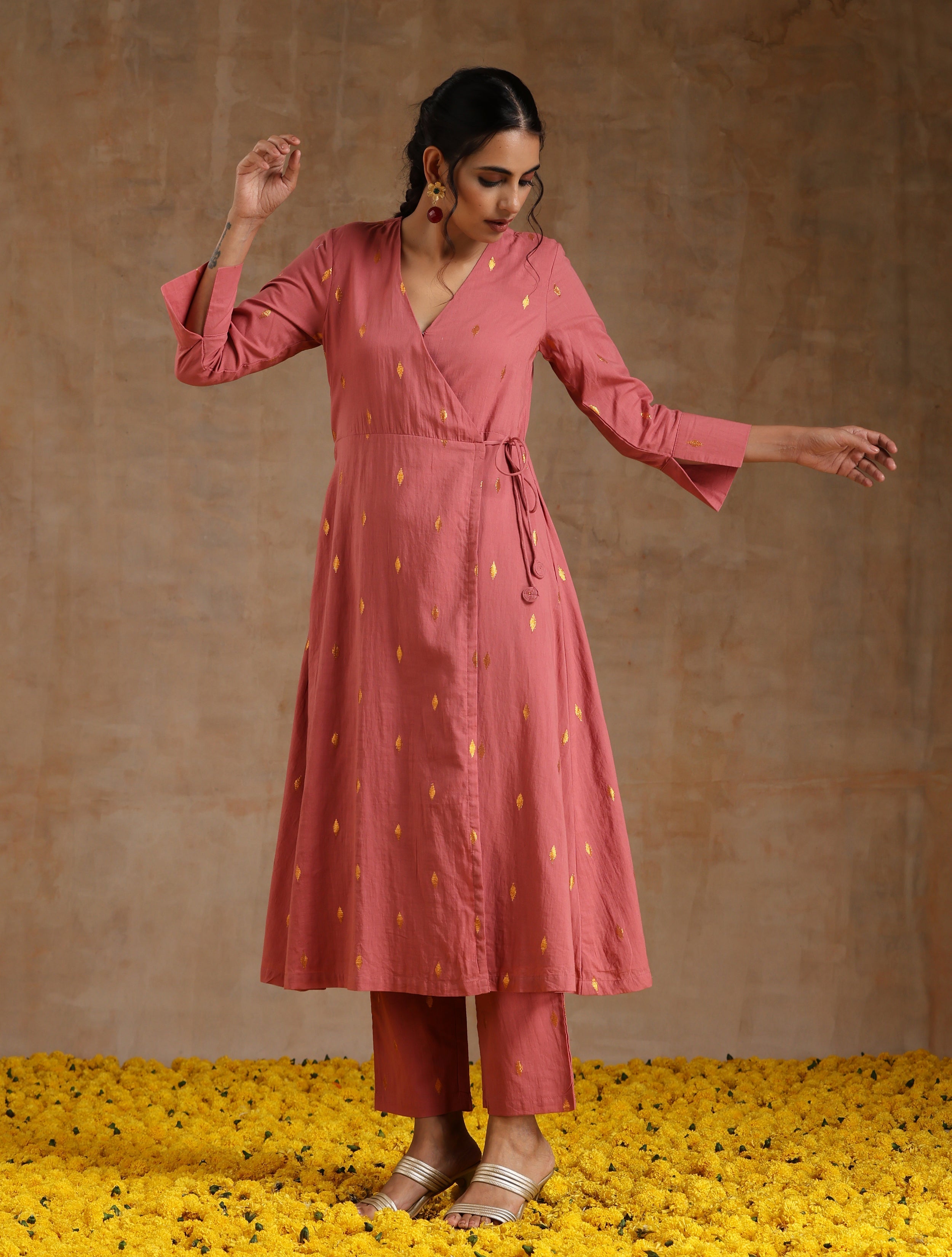 trueBrowns Blush Gold Cotton Angrakha Kurta Set - Distacart