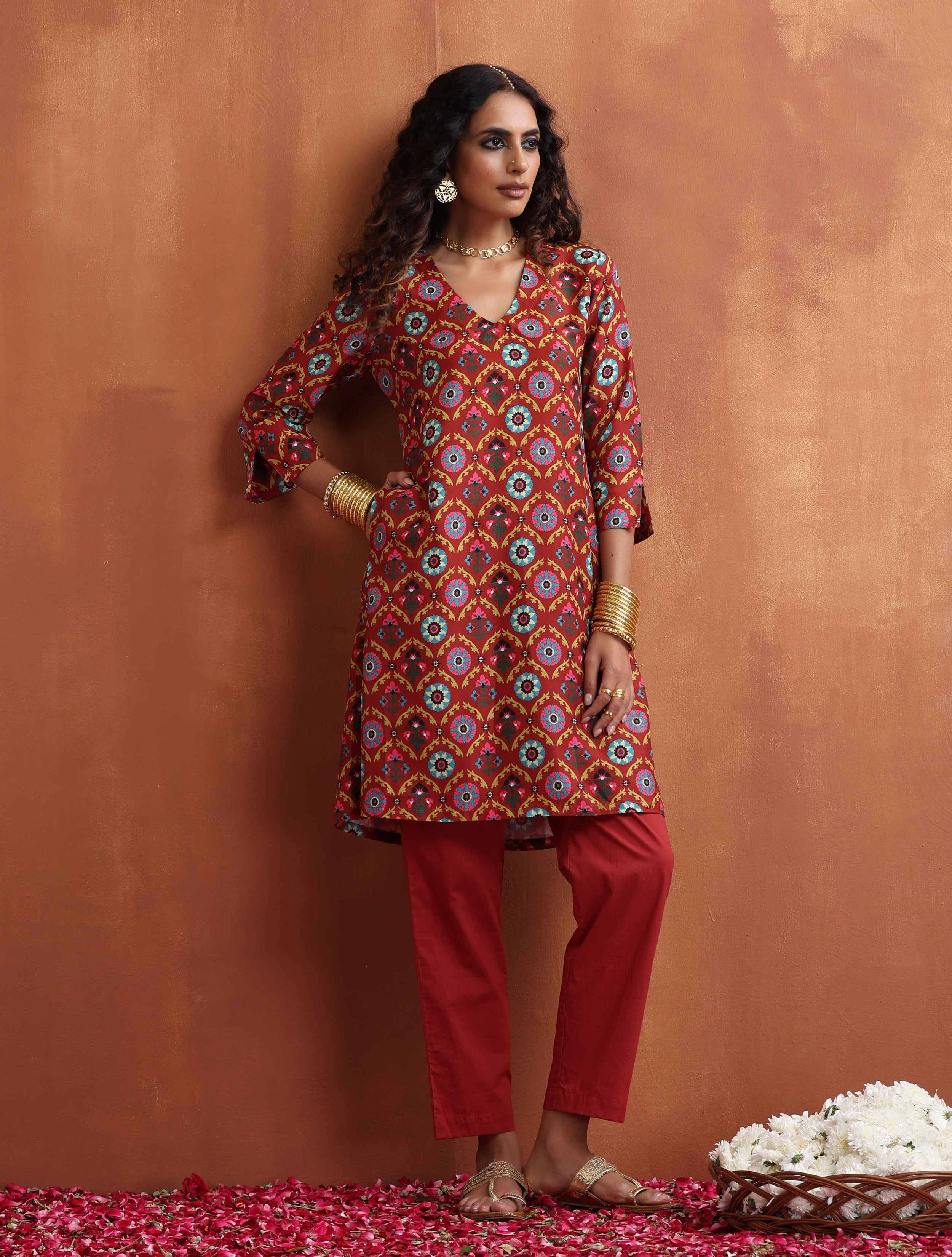 trueBrowns Rust Print Kurta Co-ord Set - Distacart