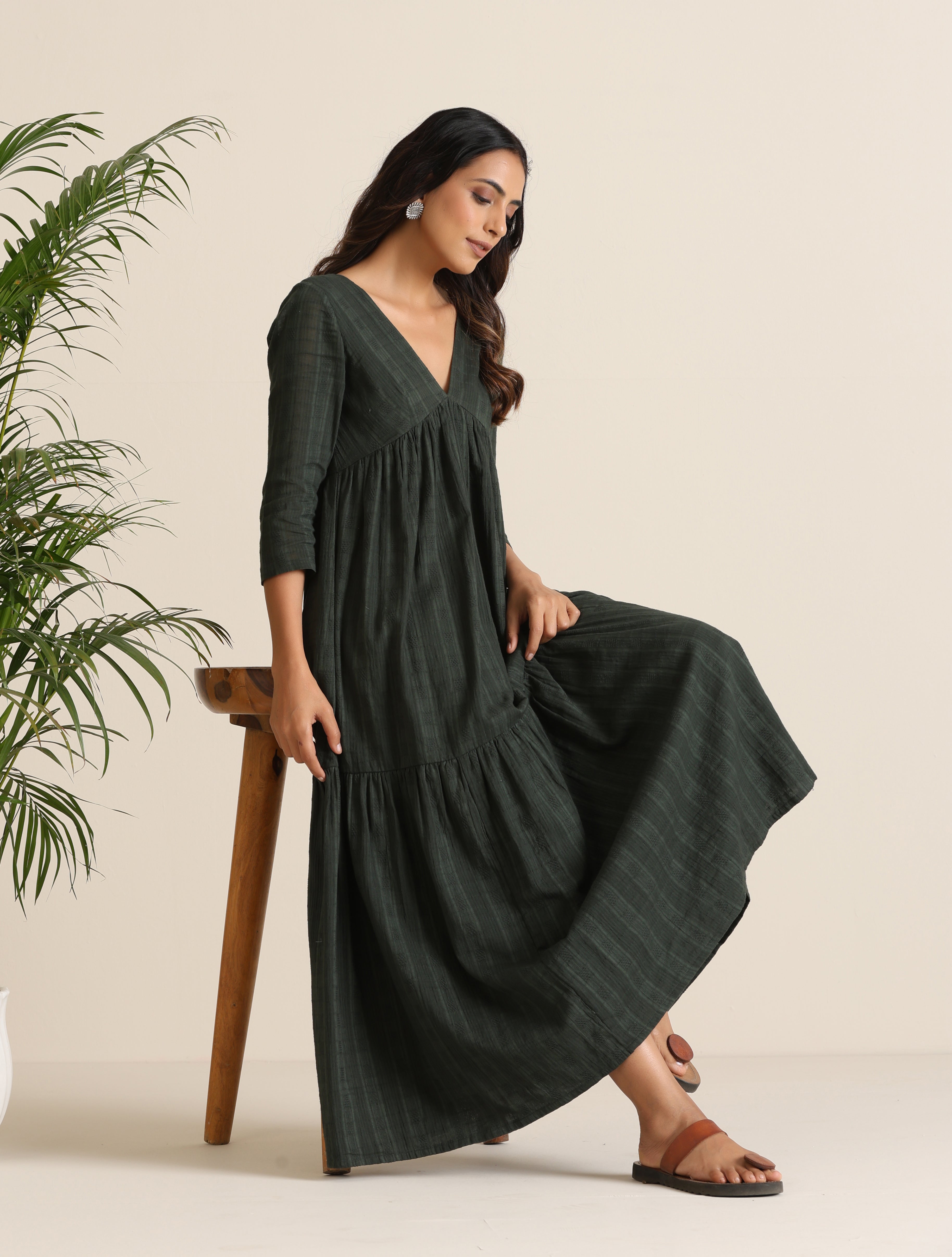 trueBrowns Charcoal Cotton Dobby Tiered Dress - Distacart